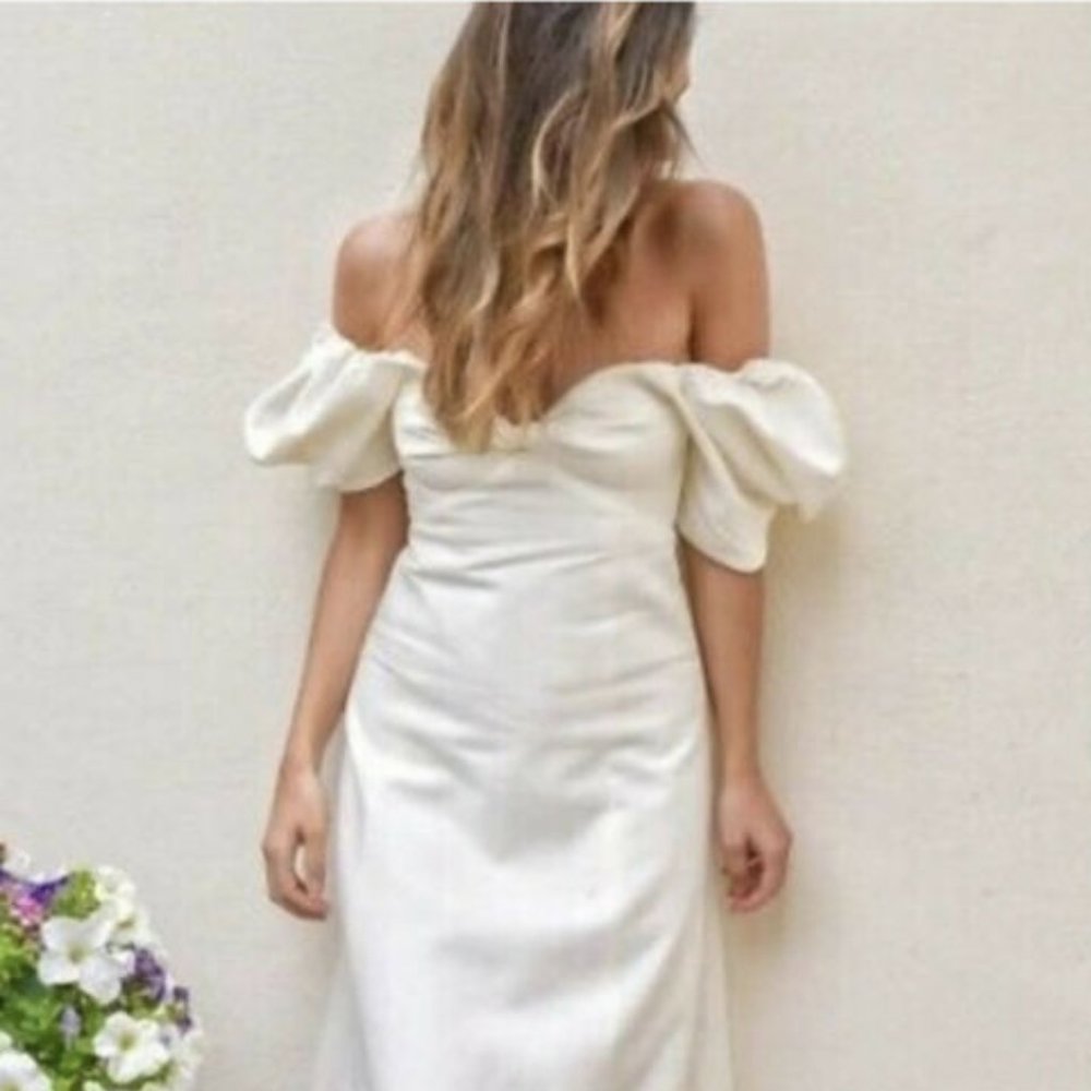 Zara Ivory Knot Rustic Puff Sleeve Midi Dress